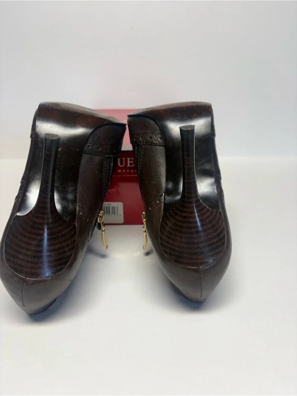 GUESS Dark Brown Leather Pointed Toe High Heel Booties